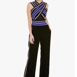 Tadashi Shoji Womens Black Blue Striped Cross Neck Jumpsuit Size 4